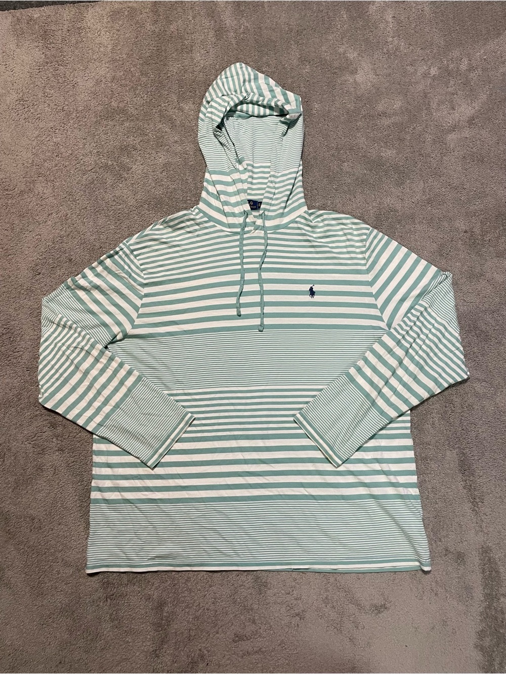 Polo Ralph Lauren Hoodie Men’s XL Teal White Striped Lightweight Cotton Pony